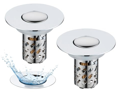 Lot de 2 filtres de vidange Pop-up 3 en 1, avec Tamis et Panier filtrant Amovible en Acier Inoxydable, pour lavabo de 28 à 58 mm, Noyau de Boule en Laiton, chromé