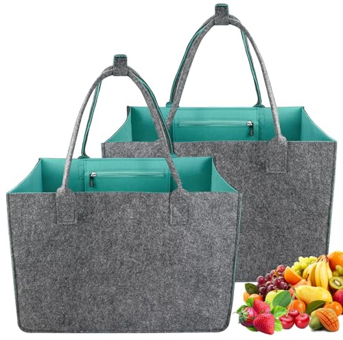 2 pezzi borsa grande in feltro, borsa per la spesa, pieghevole, con scomparti e tasca interna, ideale come borsa per legna da ardere, borsa per il trasporto per carrello della spesa, viaggi, 40 x 27 x