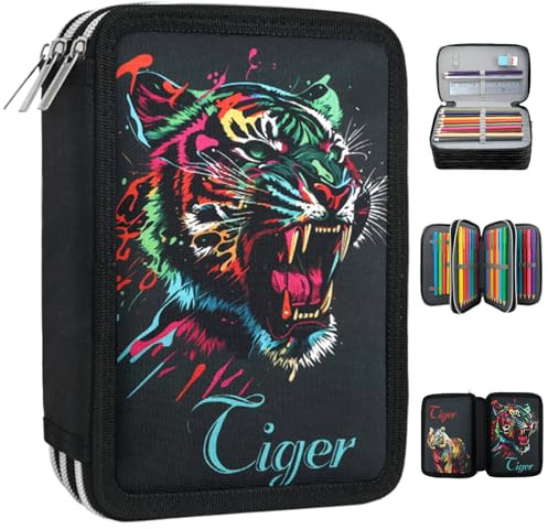 Federmäppchen 3-Fach für Schule - Tier Mäppchen mit Großer Kapazität 57 Pockets, Quadratisch Mehrschichtig Oxford-Stoff, Bunt Tiger Muster, Leicht für Kinder, Teenager, Schüler Pencil Case2