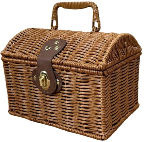 Tsawntd Cesta de mimbre para picnic, cesta de mimbre de 8 x 6 pulgadas con tapa y asa, maleta tejida para boda, fiesta, viajes, fotografía, accesorios con tapa, picnic pequeño