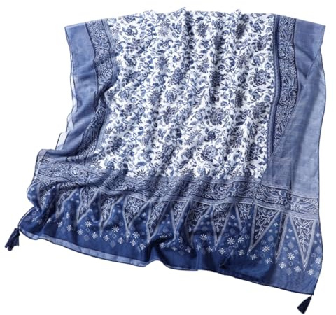 Artibetter Écharpe Longue Vintage en Coton à Franges, Châle en Lin Bleu à Motif Porcelaine Bleue et Blanche, Foulard Léger Stylisé pour Femme, Accessoire de Mode Voyage Plage et Protection