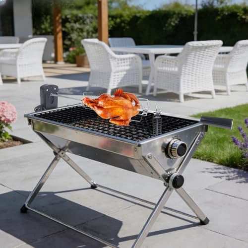 Steeviuzj Pincho eléctrico giratorio de acero inoxidable 304, rotación de 360°, longitud de 104 cm, carga de 5-8 kg, motor de 4 W, para parrillas de gas, carbón vegetal y eléctricas