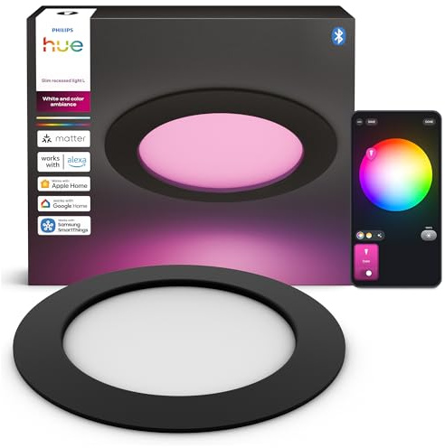 Philips Hue Slim Downlight, Plafón LED Empotrable, 1500 lm, 170 mm, Diseño Delgado, Espectro Luz de Día 1000K-20000K, Regulación Ultrabaja, Color Preciso, Iluminación Inteligente, Negro, Pack de 3 ​