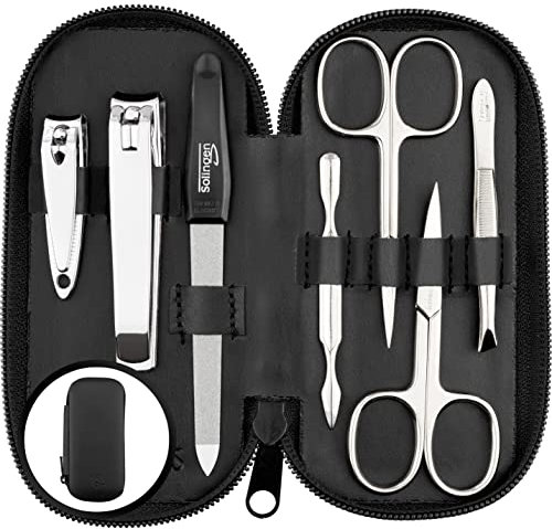 Maniküre Set Solingen - Vergleichssieger mit Top Preis/Leistung - Echt Leder Etui handlich und weich - 7teiliges Nagelset für Damen und Herren marQus aus glanzvernickeltem poliertem Stahl