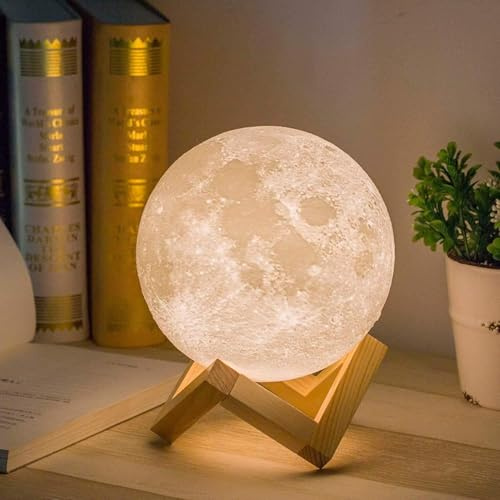 Mydethun Mondlampe 3D Moonlight 15cm mit Holzständer und USB wiederaufladbar weiß & gelb, Geschenk zu Weihnachten und Frauen Mädchen Mutter Heimdekoration