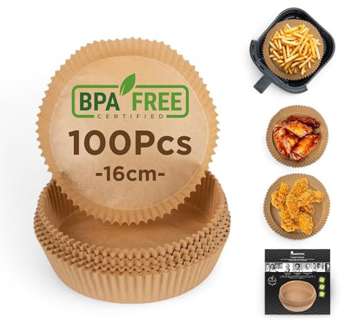 MasterPro Foodies - Papel de Hornear para freidora de Aire - Sin BPA - Juego de 100 Piezas - Moldes Redondos de Papel de 16cm para freidora de Aire con Cesta de 3-4,5L - Sin blanquear, 16 Cm Redondo