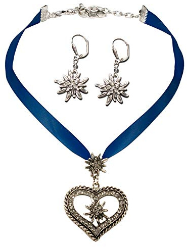 Alpenflüstern Trachtenschmuck-Set Satin-Trachtenkette Strassedelweissherz und Trachten-Ohrhänger Strass-Edelweiss - Damen-Trachten-Schmuck, Trachtenset Kette und Trachten-Ohrringe SET044