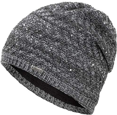 Faera Wintermütze Mütze Damen Pailletten warm gefüttert Wintermütze Mädchen Frauen Fleecefutter Winter Strickmütze Beanie, Farbe:Grau
