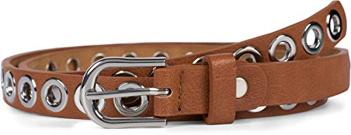 styleBREAKER Damen schmaler Gürtel mit Lochnieten und einfarbiger matter Oberfläche, Vintage Style, kürzbar 03010109, Größe:100cm, Farbe:Cognac