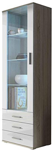 Vitrine mit Blauer LED Beleuchtung SOHO S1 Vitrinenschrank Standvitrine Stauraumvitrine Glasvitrine Schrank Wohnzimmerschran (Sonoma/Weiß Hochglanz)