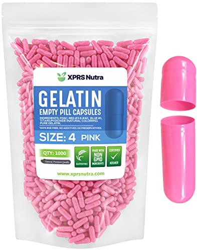 XPRS Nutra Size 4 Empty Capsules - 1000 Count Small Empty Gelatin Capsules - Pills DIY Capsule Filling - Fillable Pure Bovine Pill Gel Caps for Do-It-Yourself Supplements (Pink)