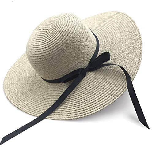 EightSpace Femme Chapeau de Soleil, Floppy Pliable Bowknot Large Bord Large Paille Femmes Chapeaux d'été Plage Cap Protection UV Summer Beach Cap pour Voyage (Beige)