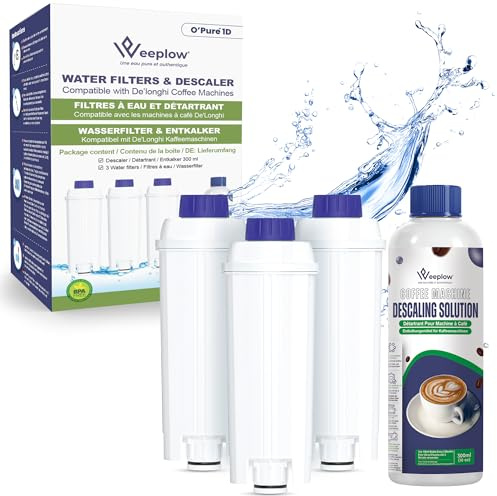 Weeplow 3 Wasserfilter und Entkalker für Delonghi Kaffeevollautomat DLSC002 | 3 Filter und 300ml Entkalker. Kompatibel mit DLSC002, Magnifica, Dinamica, Autentica, Primadonna, ECAM, ESAM und ETAM Serien.