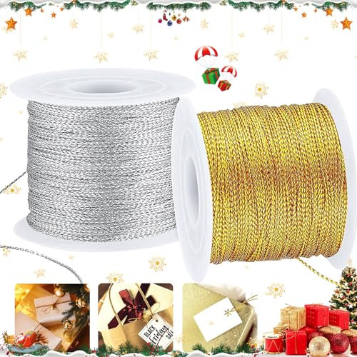 2 Rollen Metallische Elastische Schnüre, Schnüre Band Metallisch, Metallic Lametta Cord Rope, Stretch Metallic Cord, für Weihnachtsgeschenkverpackung Hängende Karte DIY Craft (Silber und Gold)