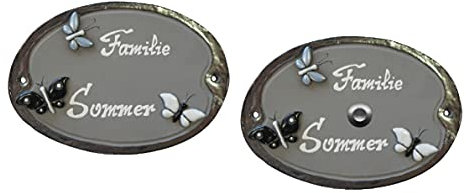 Schmetterlinge-Keramikschild grau-mit silberglanz-Türschild-Klingelschild-Namensschild-180 x 125 mm-Schild-Relief von Hand gefertigt-Incl. Beschriftung-Mit, oder ohne Klingel (6986 K mit Klingel)