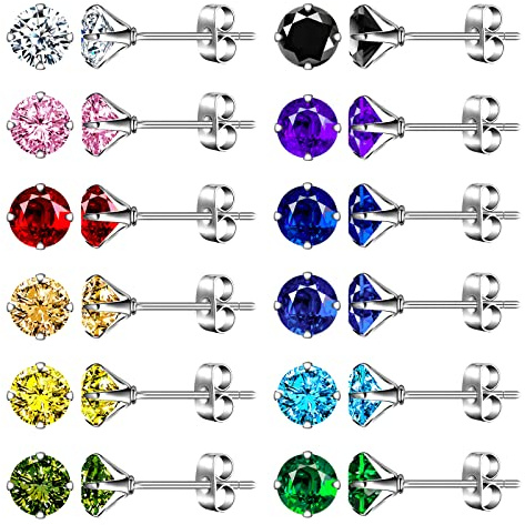 feilok 12 par 4/6/8 mm unisex örhängen för män färgglada stiftörhängen herrörhängen kit rostfritt stål örhängen set smycken piercingar, Rostfritt stål