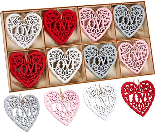 BRUBAKER 24-TLG. Dekoanhänger Love Set - Holzanhänger Herzen ca. 6 cm | Weihnachtsanhänger Liebe - Holz Deko für Valentinstag, Weihnachten oder DIY Dekorationen - Rot, Weiß und Pastellfarben