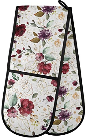 Golden Burgundy Flowers Leaves Red Purple Flower Green Gold Leaves Double Oven Mitt Gloves Extra Long Potholder High Heat Resistant for Baking Cooking Baking Grilling Handling Hots Pans 35x7