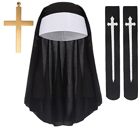 Halloween Nonne Kostüm Damen Nonne Kopftuch Kopfbedeckung Stirnband Strumpf Sets Nonne Hut Knie Oberschenkel Hohe Socken Halloween Cosplay Karneval Mottoparty Nonne Outfit Zombie Böse Verkleiden
