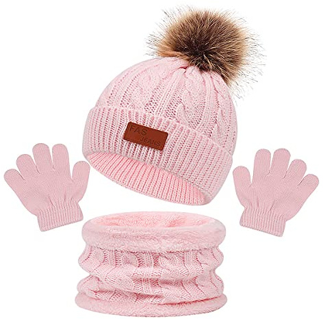 Jagowa Kids Winter Warm Beanie Hat Scarf Gloves Set Thermal Neck Warmer Elastic Soft Hat for Baby Toddler Girls Boys Outdoor Sports Winter Accessories Sets (Pink)