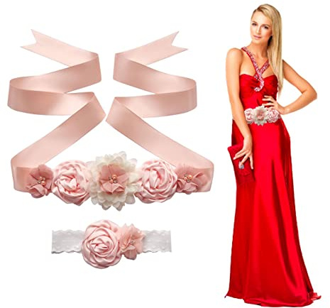 Maodom Cintura a fascia per ragazze con fiori di maternità, con perle di cristallo e copricapo per vestire, regalo per neonate e donne, squisite decorazioni per feste di nozze