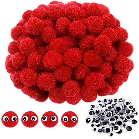 TOAOB 570 Stück 10 mm Rot Pompons zum Basteln Klein Pom Poms Set | mit 100 Stück Selbstklebend Wackelaugen, Bälle Kunst Bommel für Dekorieren, Verzieren Nähen DIY Lustige Kreativen Handwerk