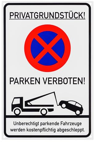 Verbotsschild Privatgrundstück Parken verboten, 1 Stück, 30 x 20 cm, 2,7 mm starkes PVC Schild mit Bohrlöchern, Parkplatzsperre für Innen- und Außenbereich, Parkverbot Schilder Privatparkplatz