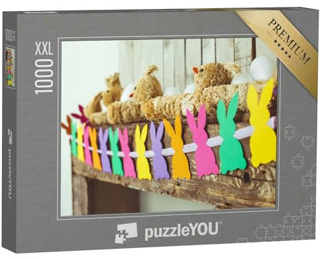 Puzzle 1000 Teile XXL „Bunte selbstgebastelte Osterhasen-Girlande am Kamin“ – aus der Puzzle-Kollektion Festtage