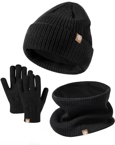 Kinder Strickmütze + Loop Schal + Handschuhe Set, Baumwollmütze Junge Mädchen Weich Kinder Beanie Mütze Nackenwärmer Halsbänder Halstuch Handschuh für Herbst Winter