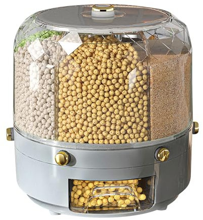 Natudeco Grain Storage Container Rotatable Rice Dispenser Box 6 Grid Grain Dispenser 360 Degree Rotating Food Dispenser for Beans Rice Grains(grey)