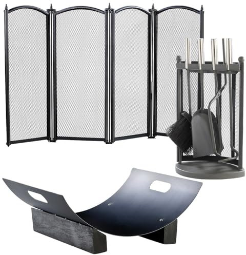 Carlo Milano Kamin-Besteck: 5-teiliges Kaminbesteck inklusive Funkengitter und Holzkorb (Holzkorb Kamin, Schürhaken, Deko)