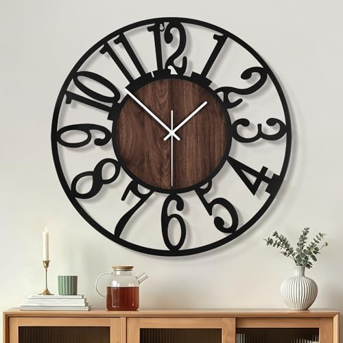 HAITANG Große Wanduhr für Wohnzimmer, modern, 60 cm oder mehr, leise Uhren aus schwarzem Metall und Holz, für Bauernhof, Esszimmer, Schlafzimmer, Küchenuhr, Wanddekoration