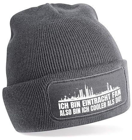Beanie Strickmütze mit Spruch | Ich bin Eintracht Fan also bin ich cooler als du! | Farbwahl | weiche und warme Fußball Mütze für Frankfurt Fan | Skyline | SoftTouch Einheitsgröße für Erwachsene