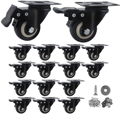 Htudcoue 2 Inch Caster Wheels Set of 16 Heavy Duty Casters,with Brake,No Noise Locking Polyurethane (PU) Wheels, for Furniture and Workbench Load 800lbs