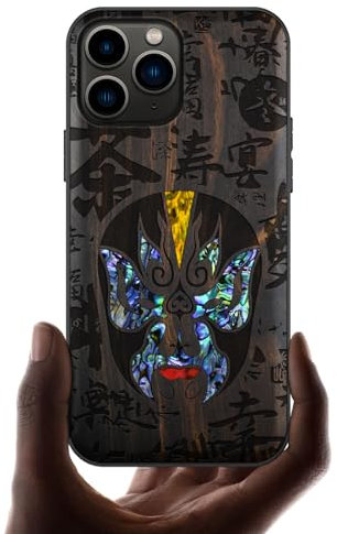 Carveit Etui pour iPhone 11 Pro Coque [Bois et Incrustation de Coquille] Souple TPU de Téléphone Compatible avec Apple 11 Pro Étui (Bois Sombre-Le Masque d'opéra Chinois)