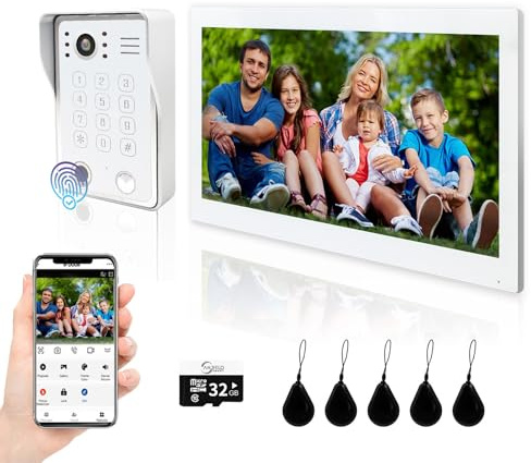 ANJIELO SMART WLAN Video Türsprechanlage Gegensprechanlage System, 10-Zoll-Touchscreen, 1080P-Türklingelsystem (kabelgebunden), unterstützt Fingerabdruck, RFID-Karte, Passwortentriegelung (Weiß)
