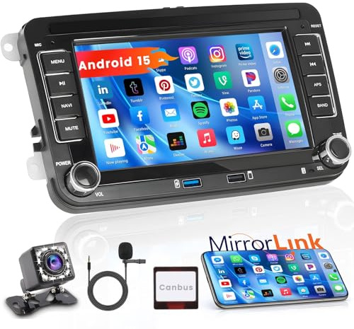 Hikity [Android 15] für VW Seat Passat Golf Tiguan Jetta Polo Skoda Autoradio, Touchscreen 7 Zoll Radio, mit GPS, WiFi, Bluetooth, Mirror Link, Split Screen, FM, RDS, Rückfahrkamera [1+32GB]
