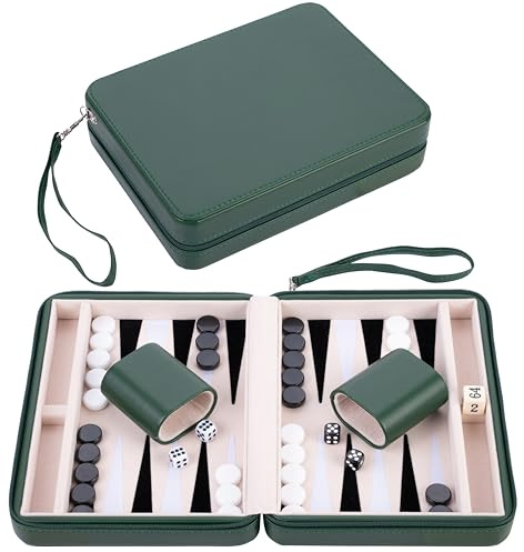 Engelhart – 250503 – Backgammon Resespel 9 i Grönt Fodral med Dragkedja – Filtinsida i Kräm/Svart/Vit – Inkl. tillbehör