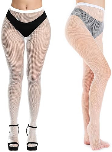NebulaGlam Medias de Red de Pesca, Medias Rejilla Mujer, Medias de Malla de Cintura Alta, Medias Malla Pantimedias Elástico, Medias Mujer Sexy Malla para ​Mujeres Fishnet Tights, Blanco