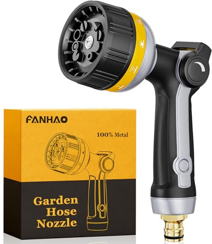 FANHAO pistola manguera jardin metal, pistola de riego con 10 patrones de rociado, control con el pulgar, boquilla de manguera de alta presión para regar plantas, lavar el coche, amarilla