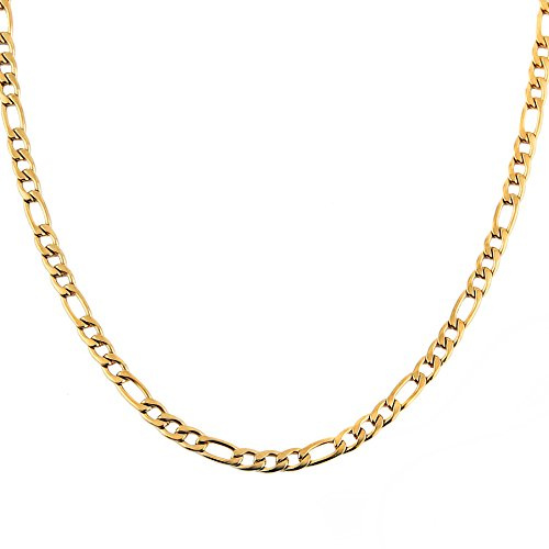 HZMAN 5mm Men Women 24K Real Gold Plated Figaro Chain Stainless Steel Chain Necklace Jewelry Gift 16-30 (Gold,22in)
