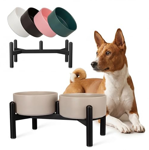 Futternapf Hund Erhöht Hundenapf Set - Doppelte Fressnapf Keramik mit Edelstahlständer - Ideal für Kleine und Mittelgroße Hunde - 660 ml x 2 - Weiß | 15,5 cm Doppelnapf für Hunde mit Futter und Wasser, rutschfest, für kleine bis mittelgroße Rassen, 840 ml, Grau