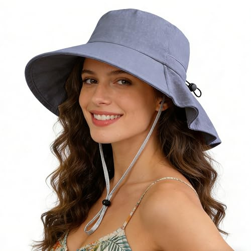 ehsbuy Sonnenhut Damen Nackenschutz Breite Krempe Baumwolle Sommerhut Bucket Faltbar für Strand Gardening Safari Outdoor