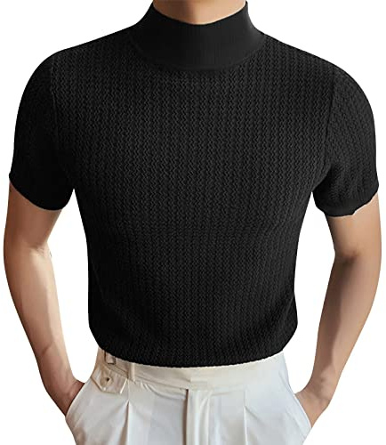 Basic svart t-shirt herr enfärgad hög krage herr vår och stickad ståkrage kortärmad veckad rund hals ledig t-shirt linne muskelskjortor, svart, M