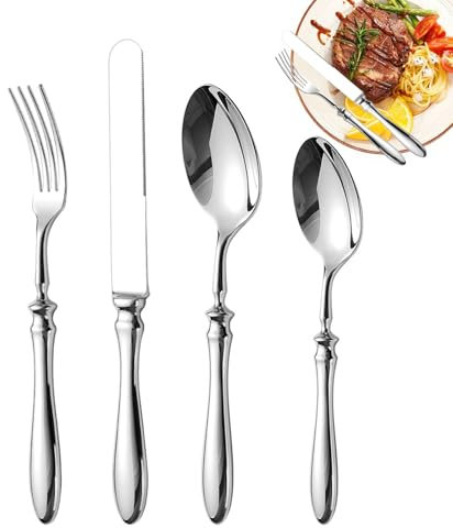 Juego de cubiertos para cocina – 4 piezas cubiertos de acero inoxidable, juego de mesa moderno de acero inoxidable con cortador de bistec, tenedor y cuchara para casa, apartamento y residencia