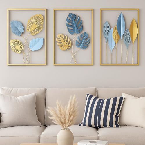 Böhmische 3D-Metallblatt-Wandkunst, 3er-Set, Boho-Stil, Flur, Wandbehang, Heimdekoration für Bauernhaus, Wohnzimmer, Büro, Schlafzimmer, drinnen, draußen, große, moderne, minimalistische goldene