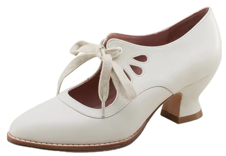 1920S Shoe for Women Vintage Mary Janes Lace Up Bridal Shoes Closed Toe Dress Shoe Chunky Heel Pumps Wedding Shoes
