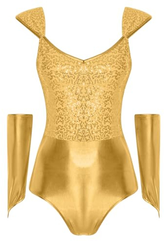 TiaoBug Damer kortärmad body paljetter lackläder skarvning balett tröja dansbody konståkning leotard med långa fingerlösa handskar, Guld, L