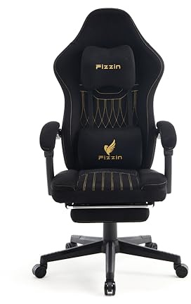 Fizzin Schwarz Ergonomischer Gaming-Stuhl | Versenkbare Fußstütze, verstellbare Kopfstütze und Lendenwirbelstütze für Gaming & Homeoffice