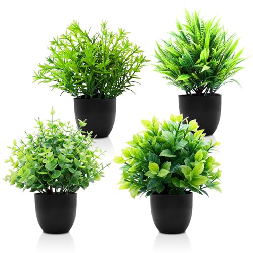 EOPUOZS 4 Stück Kunstpflanzen wie Echt, Plastik Pflanze mit Topf, Kleine Fake Plant Indoor Dekor, für Schreibtisch, Balkon, Badezimmer, Tischdekoration, Schwarz